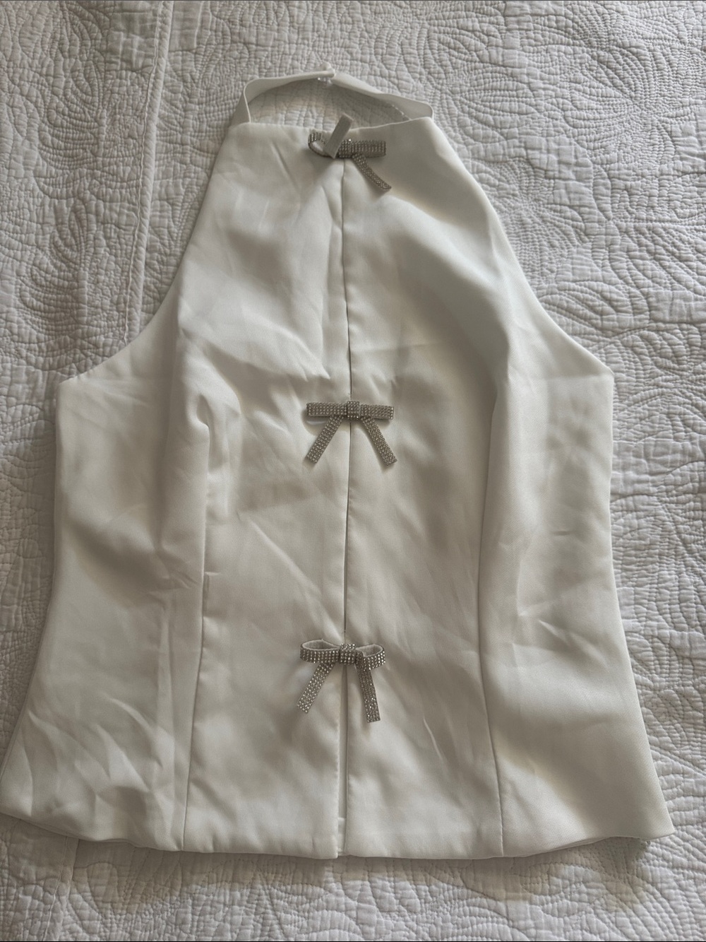 White Halter Top with Rhinestone Bow Accents